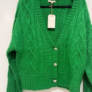 Skies Are Blue Emerald Cardigan with Pearl Accents (NWT)